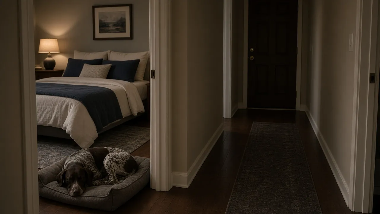 German shorthaired pointer sleeping on a dog bed in a lamp lit guest bedroom at night