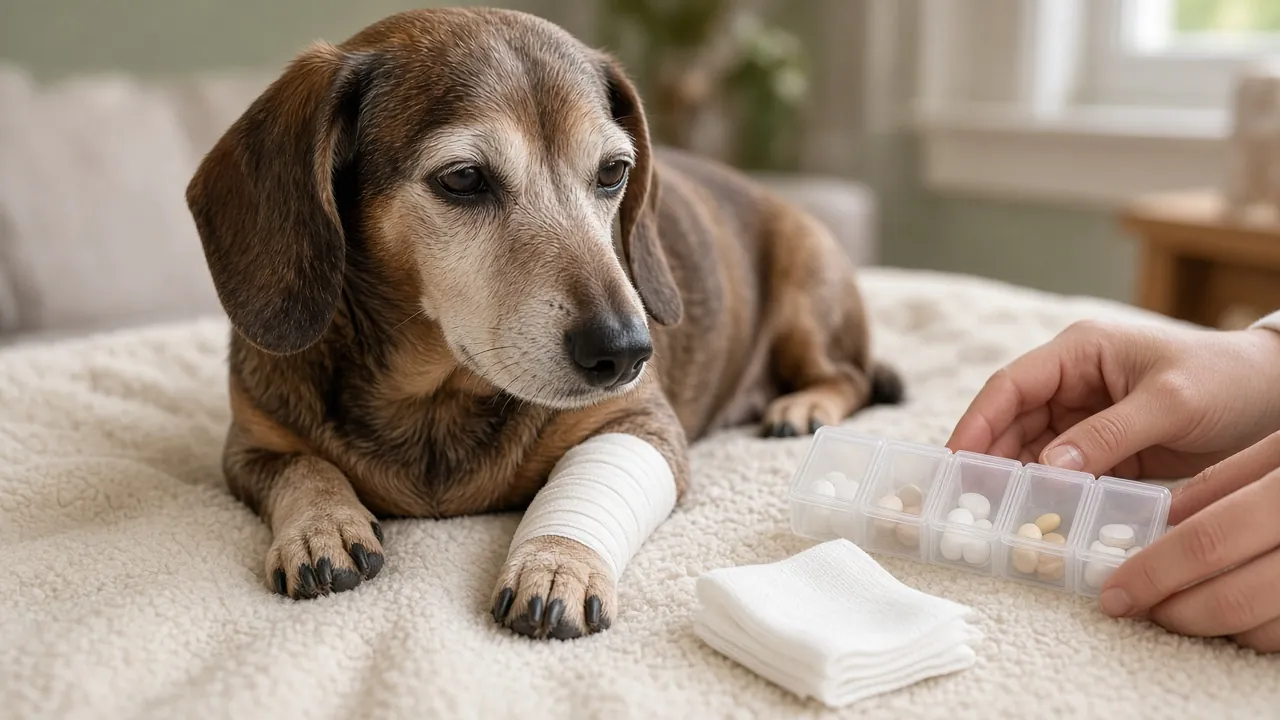 Senior dachshund with a bandaged front leg resting beside gauze and a pill organizer