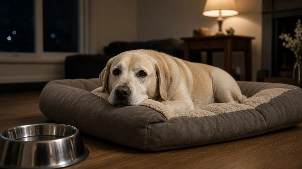 Senior yellow Labrador resting on a dog bed in a lamp lit living room at night