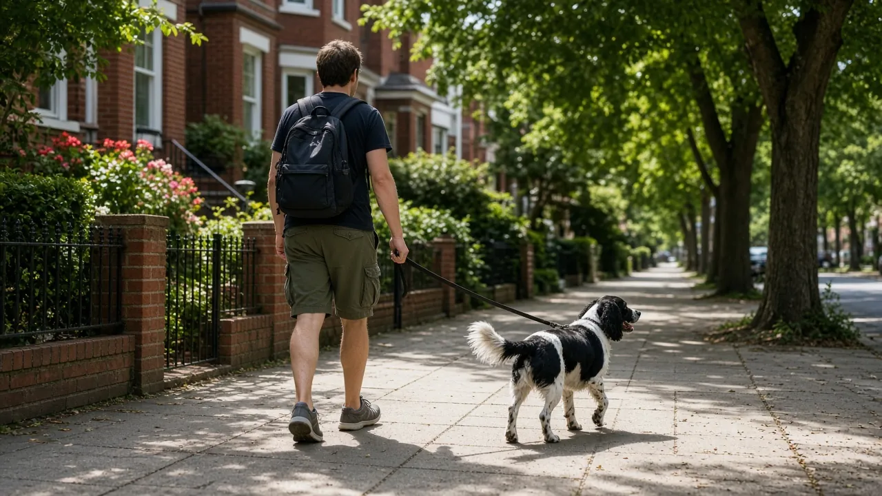 Dog walker leading a springer spaniel along a shady tree lined sidewalk at midday