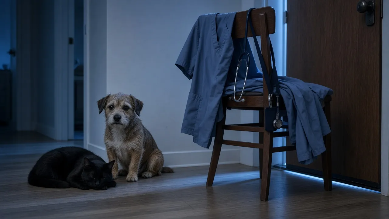 Terrier mix and black cat waiting by a chair draped with scrubs and a stethoscope