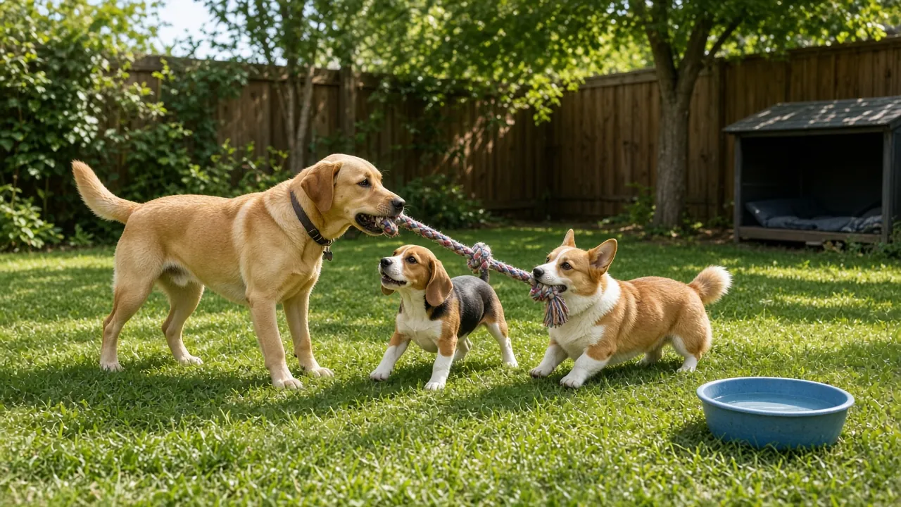 Labrador mix, beagle and corgi playing tug with a rope toy in a fenced backyard
