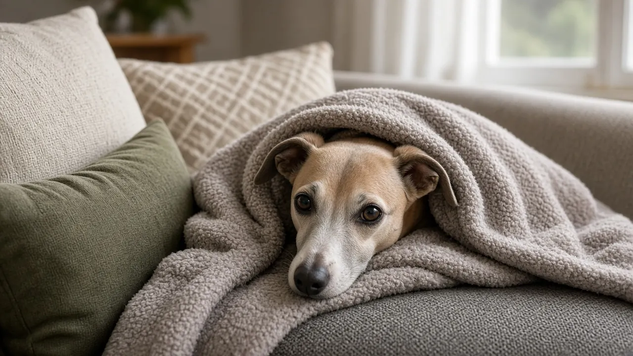 Whippet resting under a soft blanket on a living room couch
