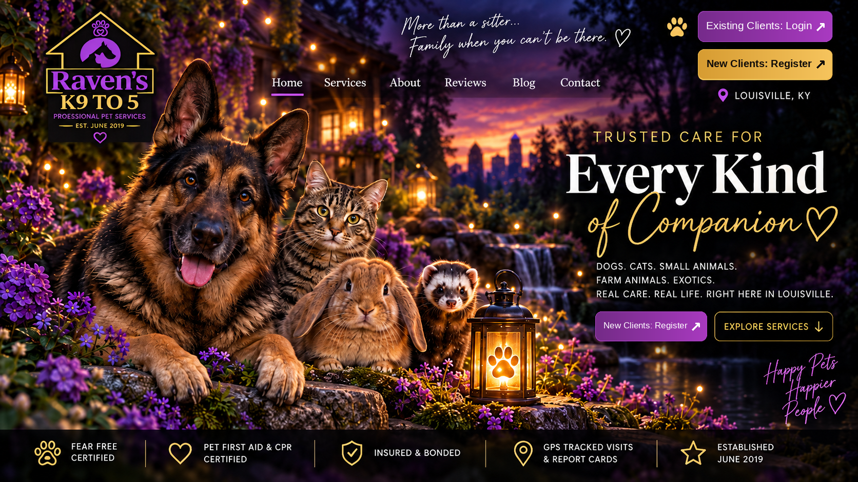 Raven's K9 to 5 hero banner showing a German shepherd, tabby cat, rabbit, ferret, logo, navigation, and calls to action in a magical twilight garden